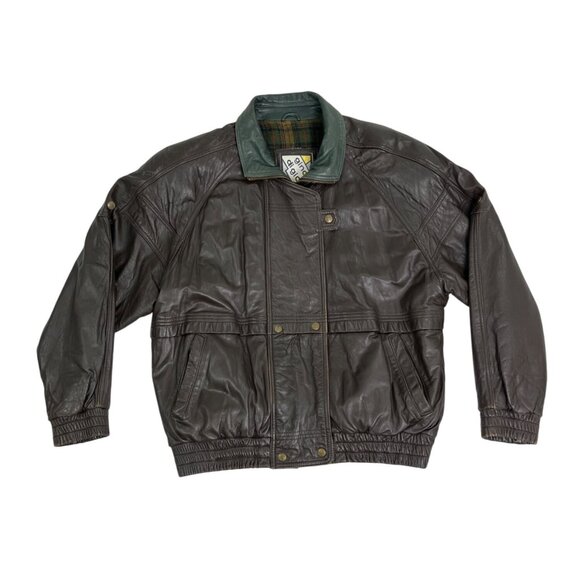 Gino Di Giorgio Leather Brown Jacket With Green Collar & Plaid Lining Sz M - Picture 2 of 7